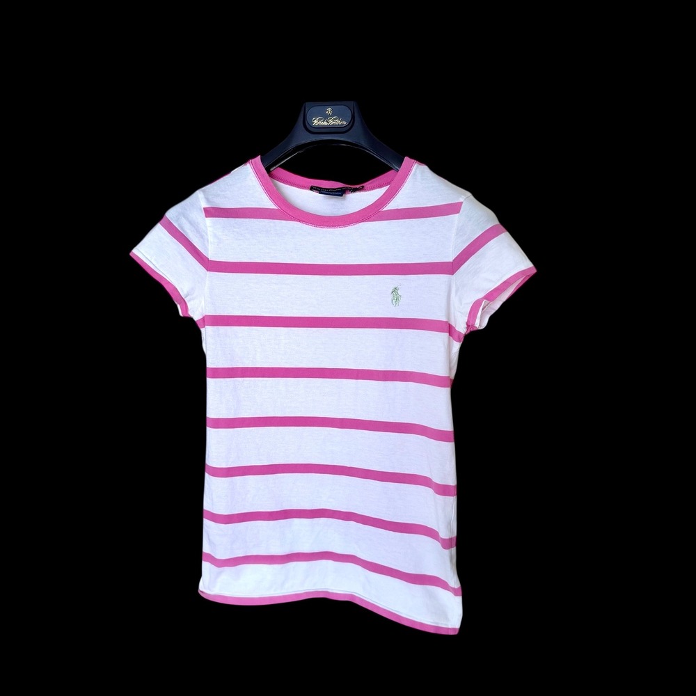 Ralph Lauren‎ Sport Pink White Striped Cotton T-Shirt Pony Logo Small